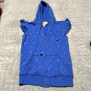 Blue Bird Hooded Vest, Blue, Floral, Ruffles, Boho, Hippie, Size S